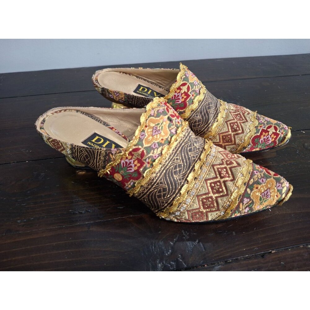 Diva Brown and Gold Embroidered Mules